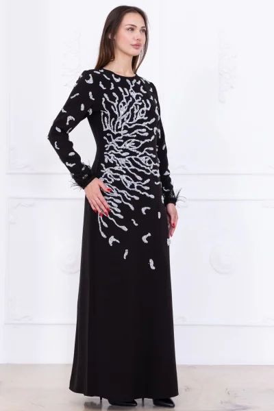 Taş Desenli ve Tüylü Kol Detaylı Abiye Elbise 2747-Siyah