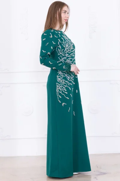 Taş Desenli ve Tüylü Kol Detaylı Abiye Elbise 2747-Zümrüt Yeşili