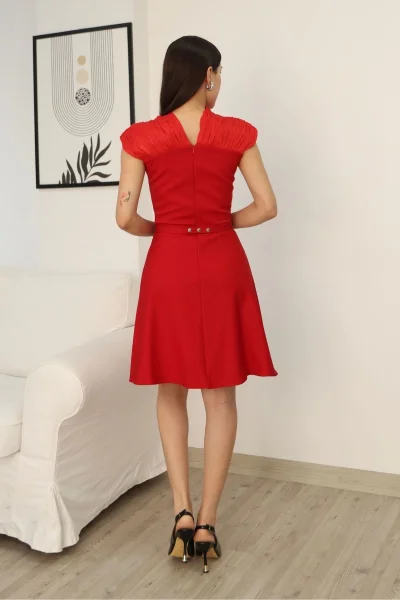 Taş İşleme Detaylı Diz Boyu Abiye Elbise 2360-Kırmızı