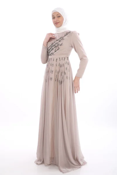 Taş İşleme Detaylı Tesettür Abiye Elbise 741-Bej