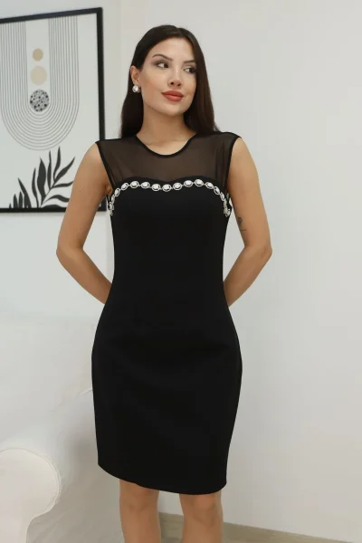 Taş İşleme ve Tül Detaylı Diz Boyu Elbise 2376-Siyah