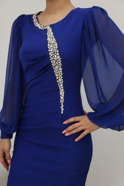 Taş İşlemeli Balon Kollu Pileli Midi Elbise 2334-Saks