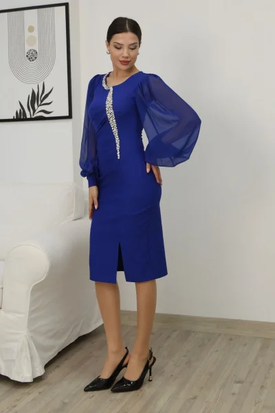 Taş İşlemeli Balon Kollu Pileli Midi Elbise 2334-Saks