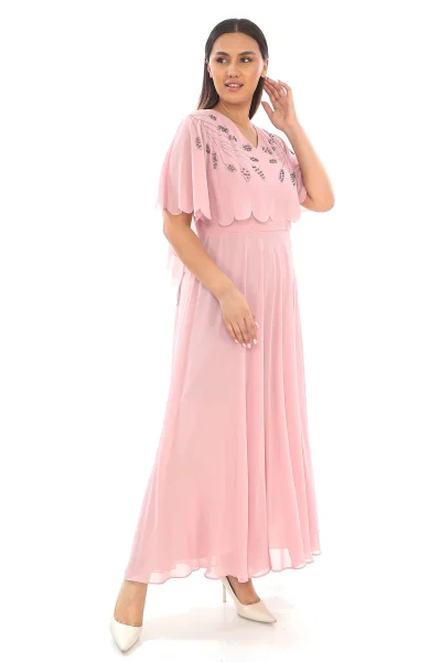 Taş Ve İnci Detaylı Büyük Beden Elbise 2212- Pudra