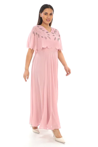 Taş Ve İnci Detaylı Büyük Beden Elbise 2212- Pudra