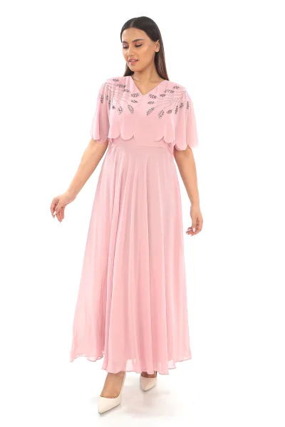 Taş Ve İnci Detaylı Büyük Beden Elbise 2212- Pudra