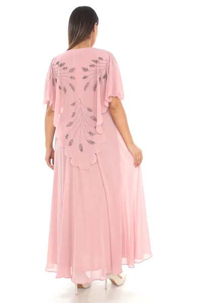 Taş Ve İnci Detaylı Büyük Beden Elbise 2212- Pudra