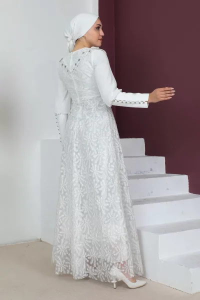 Taş Ve İnci Deteylı Güpür Tesettür Elbise 721-Beyaz