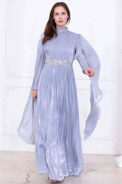 Taş ve Pelerin Detaylı Abiye Elbise 2753-Gri