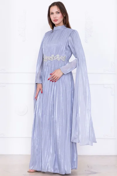 Taş ve Pelerin Detaylı Abiye Elbise 2753-Gri