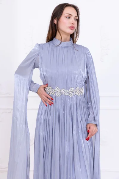 Taş ve Pelerin Detaylı Abiye Elbise 2753-Gri