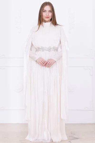 Taş ve Pelerin Detaylı Abiye Elbise 2753-Krem