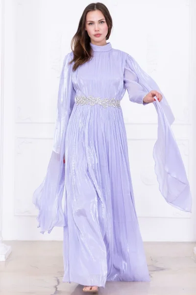 Taş ve Pelerin Detaylı Abiye Elbise 2753-Lila