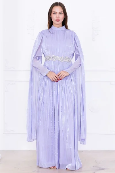 Taş ve Pelerin Detaylı Abiye Elbise 2753-Lila