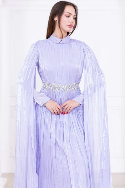 Taş ve Pelerin Detaylı Abiye Elbise 2753-Lila