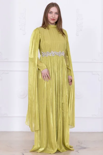 Taş ve Pelerin Detaylı Abiye Elbise 2753-Olive