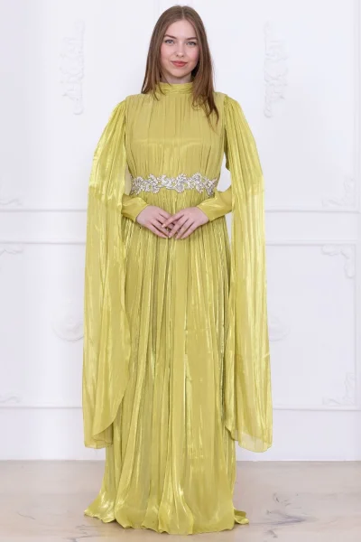 Taş ve Pelerin Detaylı Abiye Elbise 2753-Olive