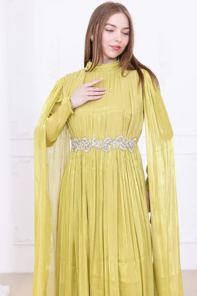 Taş ve Pelerin Detaylı Abiye Elbise 2753-Olive