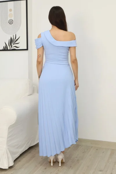 Tek Omuzlu Pilise Detaylı Asimetrik Elbise 2381-Bebe Mavisi