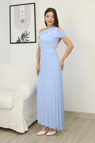 Tek Omuzlu Pilise Detaylı Asimetrik Elbise 2381-Bebe Mavisi
