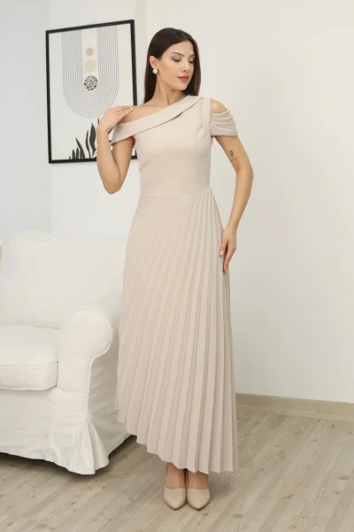 Tek Omuzlu Pilise Detaylı Asimetrik Elbise 2381-Bej