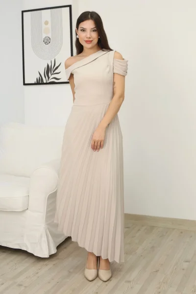 Tek Omuzlu Pilise Detaylı Asimetrik Elbise 2381-Bej