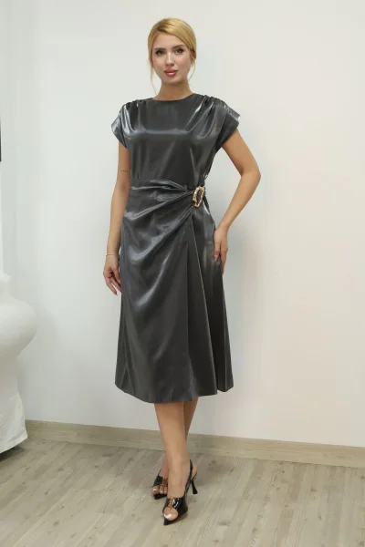 Toka ve Drape Detaylı Soft Saten Midi Elbise 6042-Antrasit
