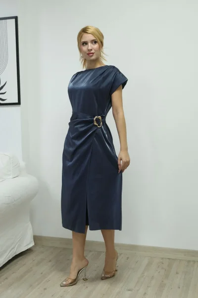 Toka ve Drape Detaylı Soft Saten Midi Elbise 6042-Lacivert