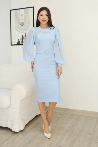 Tül ve İşleme Detaylı Midi Elbise 2285-Bebe Mavisi