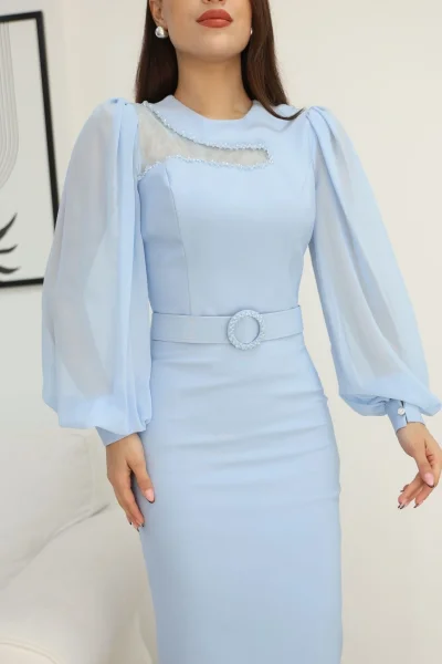 Tül ve İşleme Detaylı Midi Elbise 2285-Bebe Mavisi