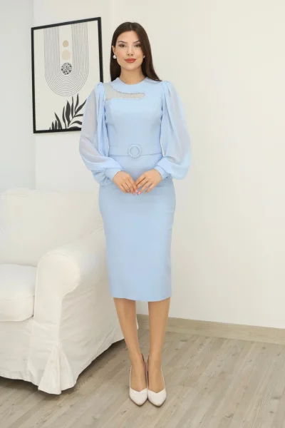 Tül ve İşleme Detaylı Midi Elbise 2285-Bebe Mavisi