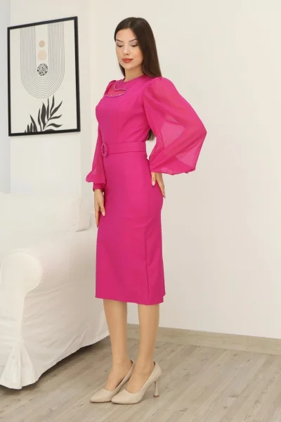 Tül ve İşleme Detaylı Midi Elbise 2285-Fuşya
