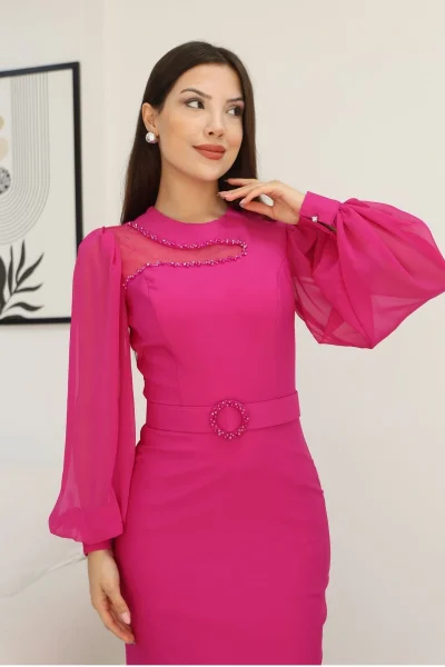 Tül ve İşleme Detaylı Midi Elbise 2285-Fuşya