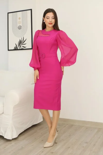 Tül ve İşleme Detaylı Midi Elbise 2285-Fuşya