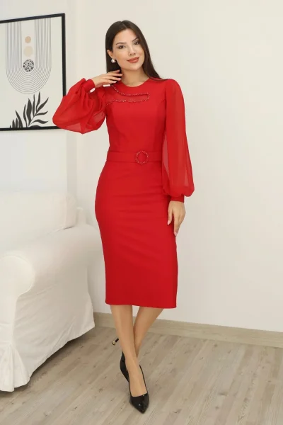 Tül ve İşleme Detaylı Midi Elbise 2285-Kırmızı