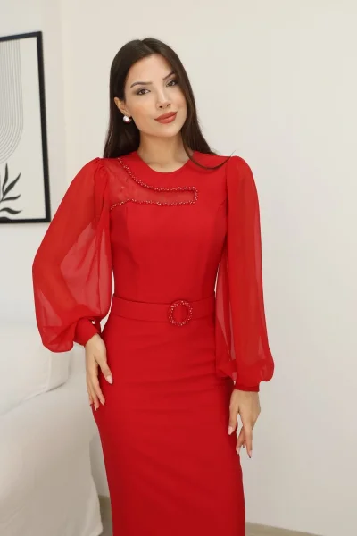 Tül ve İşleme Detaylı Midi Elbise 2285-Kırmızı