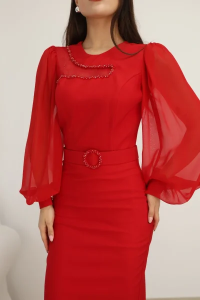 Tül ve İşleme Detaylı Midi Elbise 2285-Kırmızı