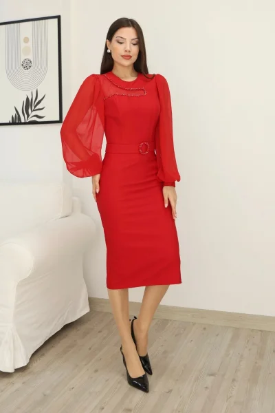 Tül ve İşleme Detaylı Midi Elbise 2285-Kırmızı