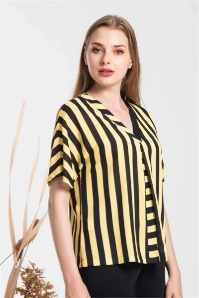 V Yaka Çizgili Bluz 1715-SARI