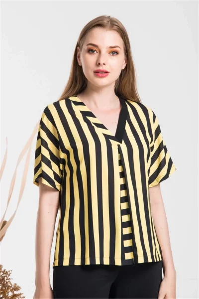 V Yaka Çizgili Bluz 1715-SARI