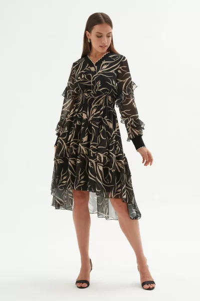 V Yaka Eteği Büzgülü Elbise 1779-Siyah/Vizon