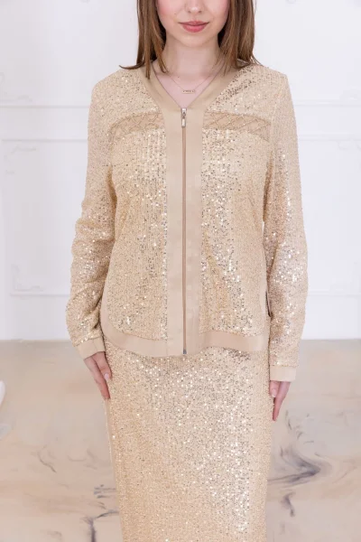 V Yaka Payetli İkili Takım 4716-Bej