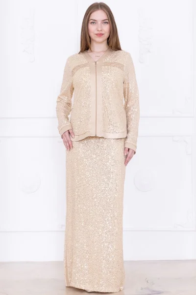 V Yaka Payetli İkili Takım 4716-Bej