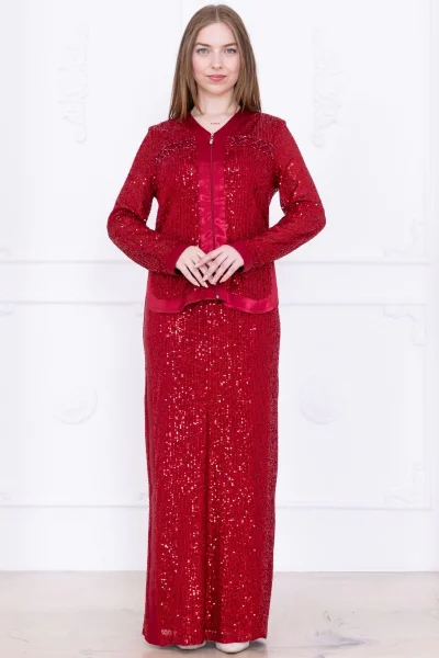 V Yaka Payetli İkili Takım 4716-Bordo
