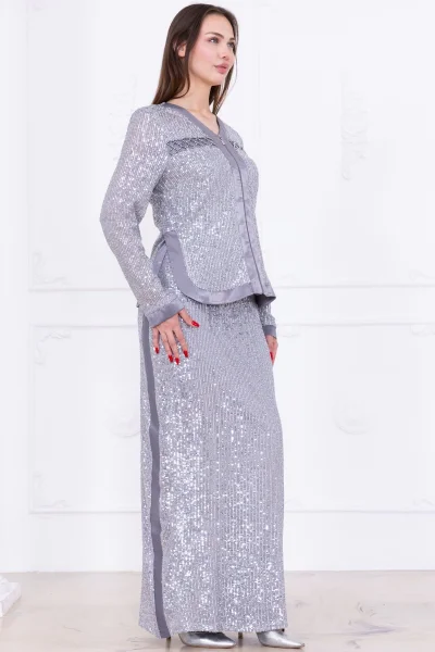 V Yaka Payetli İkili Takım 4716-Gri