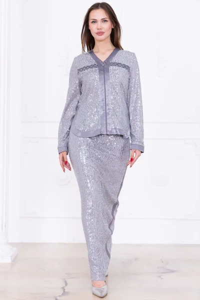 V Yaka Payetli İkili Takım 4716-Gri