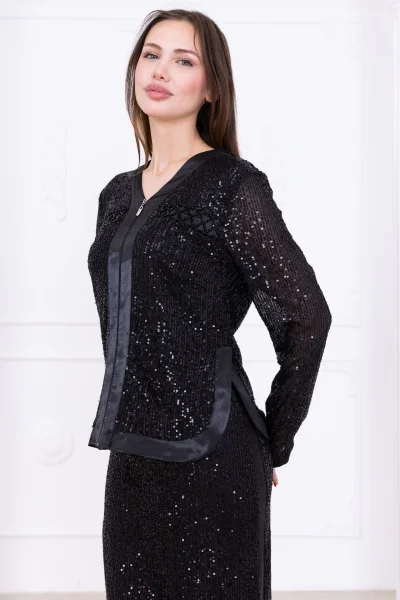 V Yaka Payetli İkili Takım 4716-Siyah