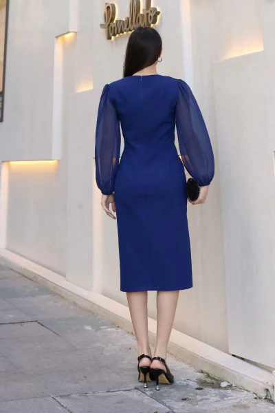 V Yaka Şifon Kollu Yırtmaçlı Midi Elbise 6015-Lacivert