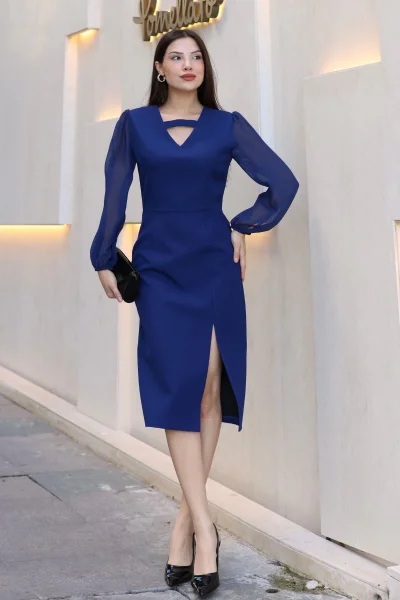 V Yaka Şifon Kollu Yırtmaçlı Midi Elbise 6015-Lacivert