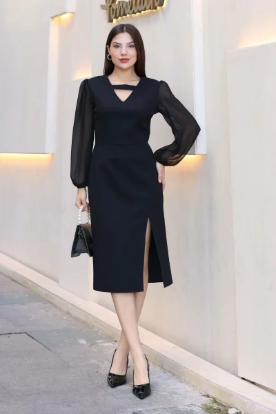 V Yaka Şifon Kollu Yırtmaçlı Midi Elbise 6015-Siyah